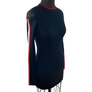 Bailey 44 Navy Red Ribbed Knit Crewneck Long Sleeve Cold Shoulder Sweater Size S